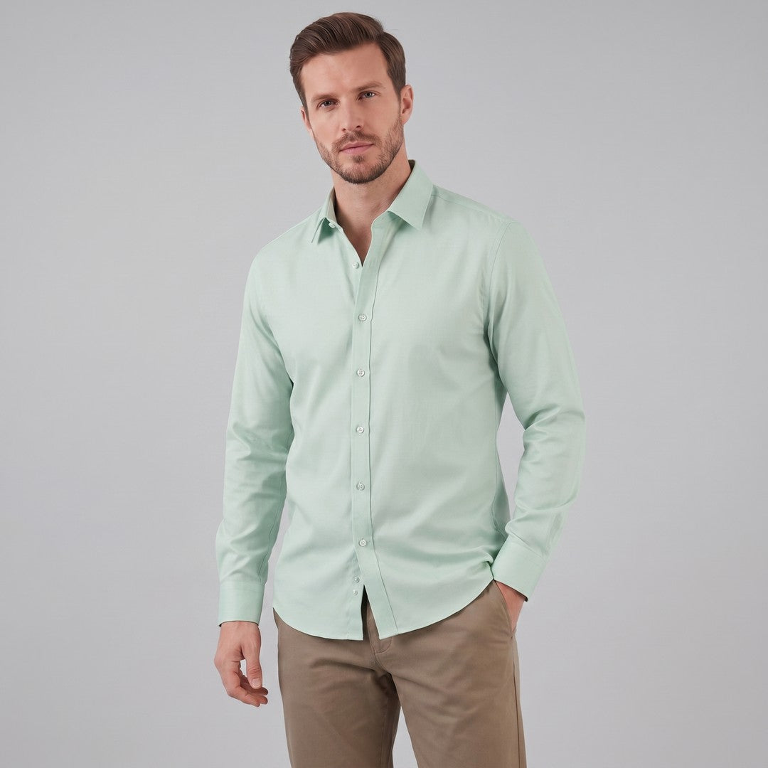 Man wearing the Grayson men's slim-fit polyester long-sleeve shirt, 27 view