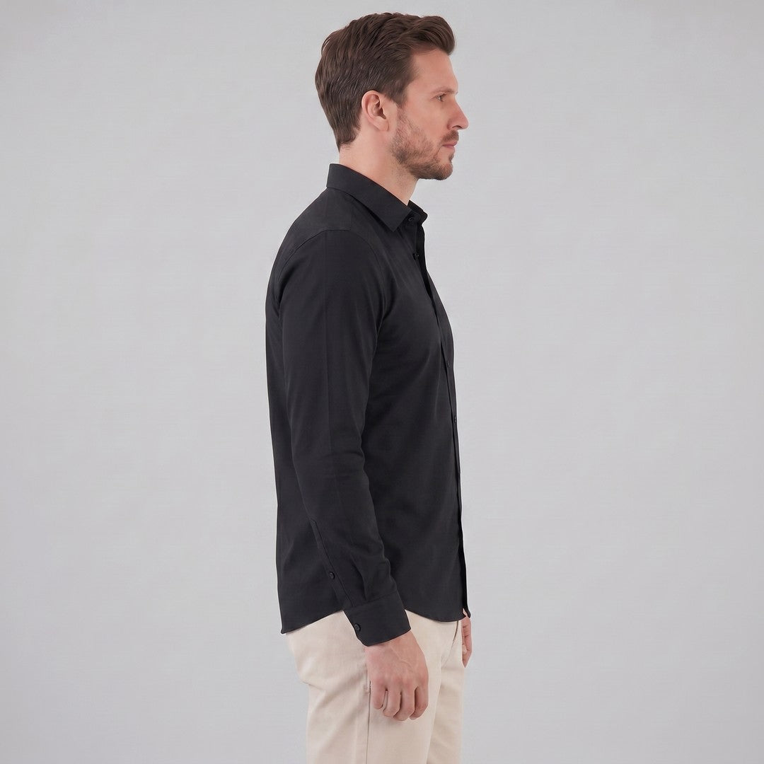 Man wearing the Grayson men's slim-fit polyester long-sleeve shirt, 8 view
