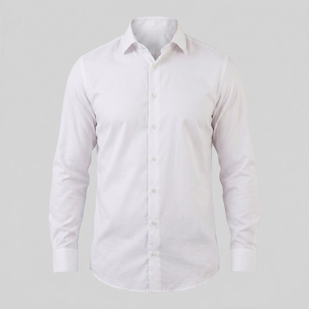 Man wearing the Grayson men's slim-fit polyester long-sleeve shirt, back view