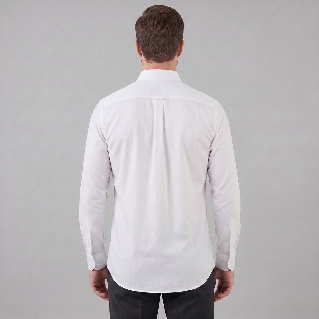Man wearing the Grayson men's slim-fit polyester long-sleeve shirt, detail view