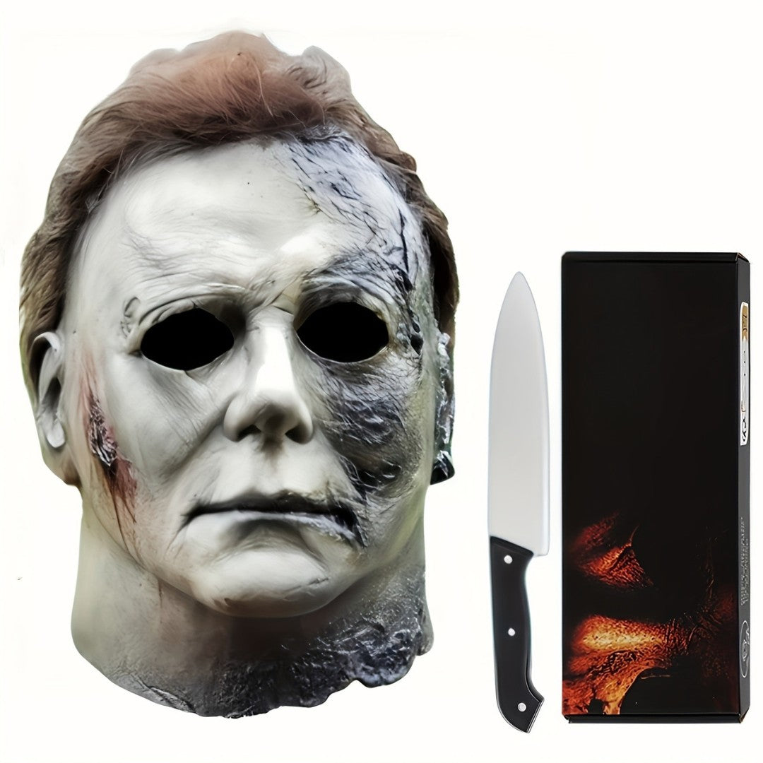 Latex horror mask with prop knife - product photo 5