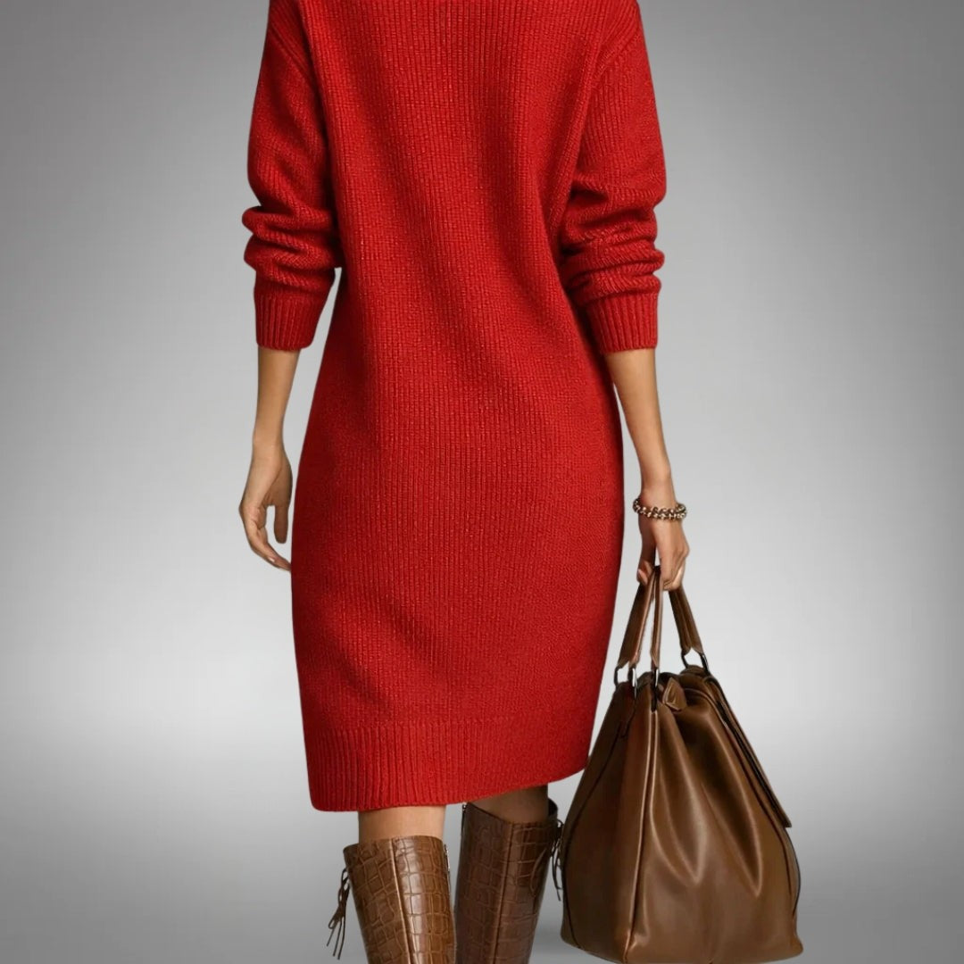Woman wearing the Guinevere women's dress, model view