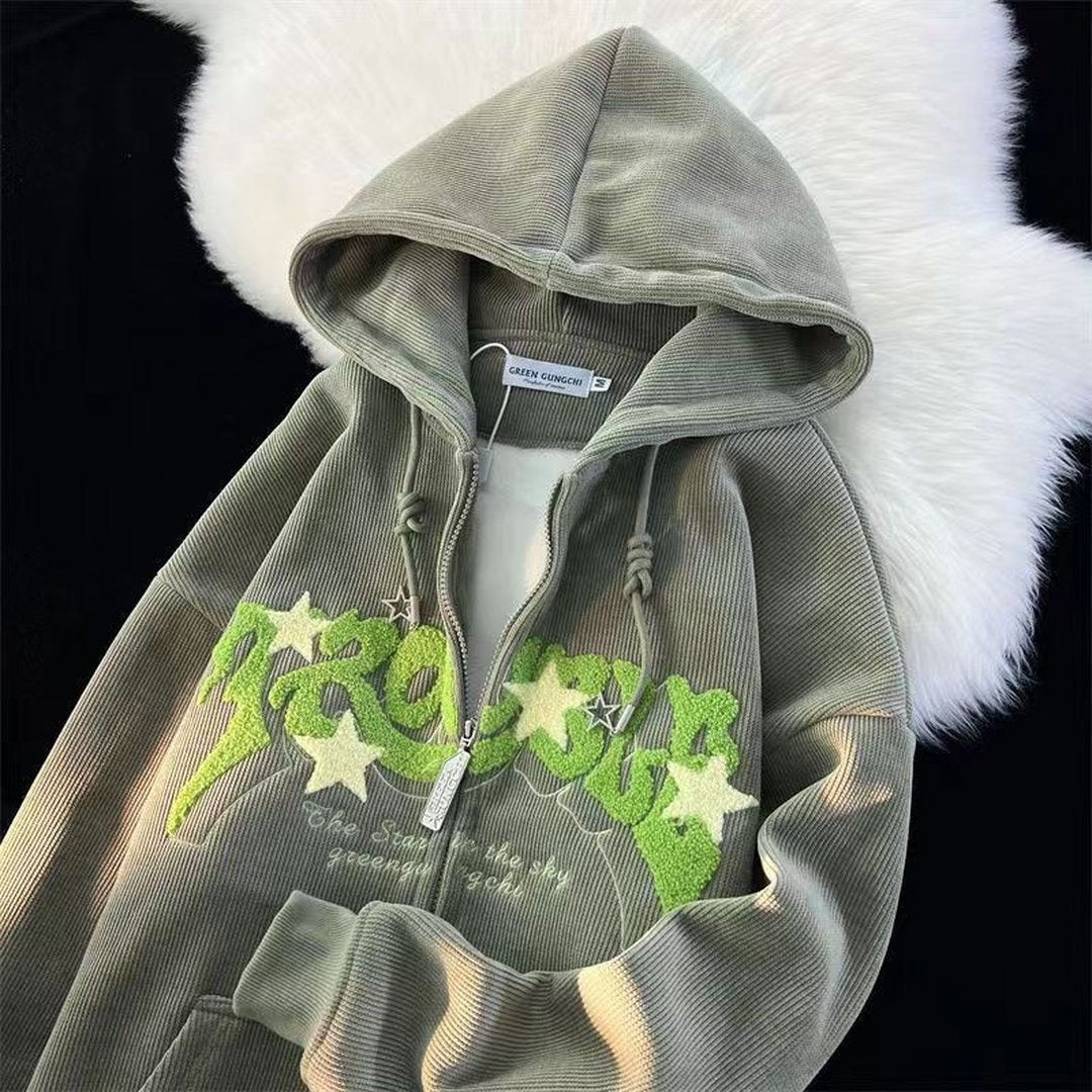 Woman wearing the Hadley women's embroidered hoodie, back view