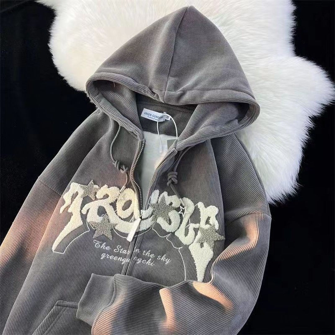 Woman wearing the Hadley women's embroidered hoodie, front view