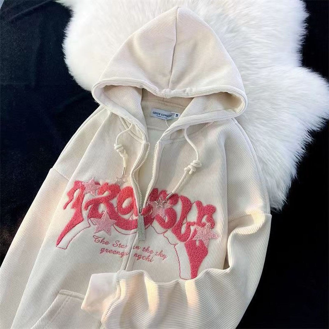 Woman wearing the Hadley women's embroidered hoodie, model view