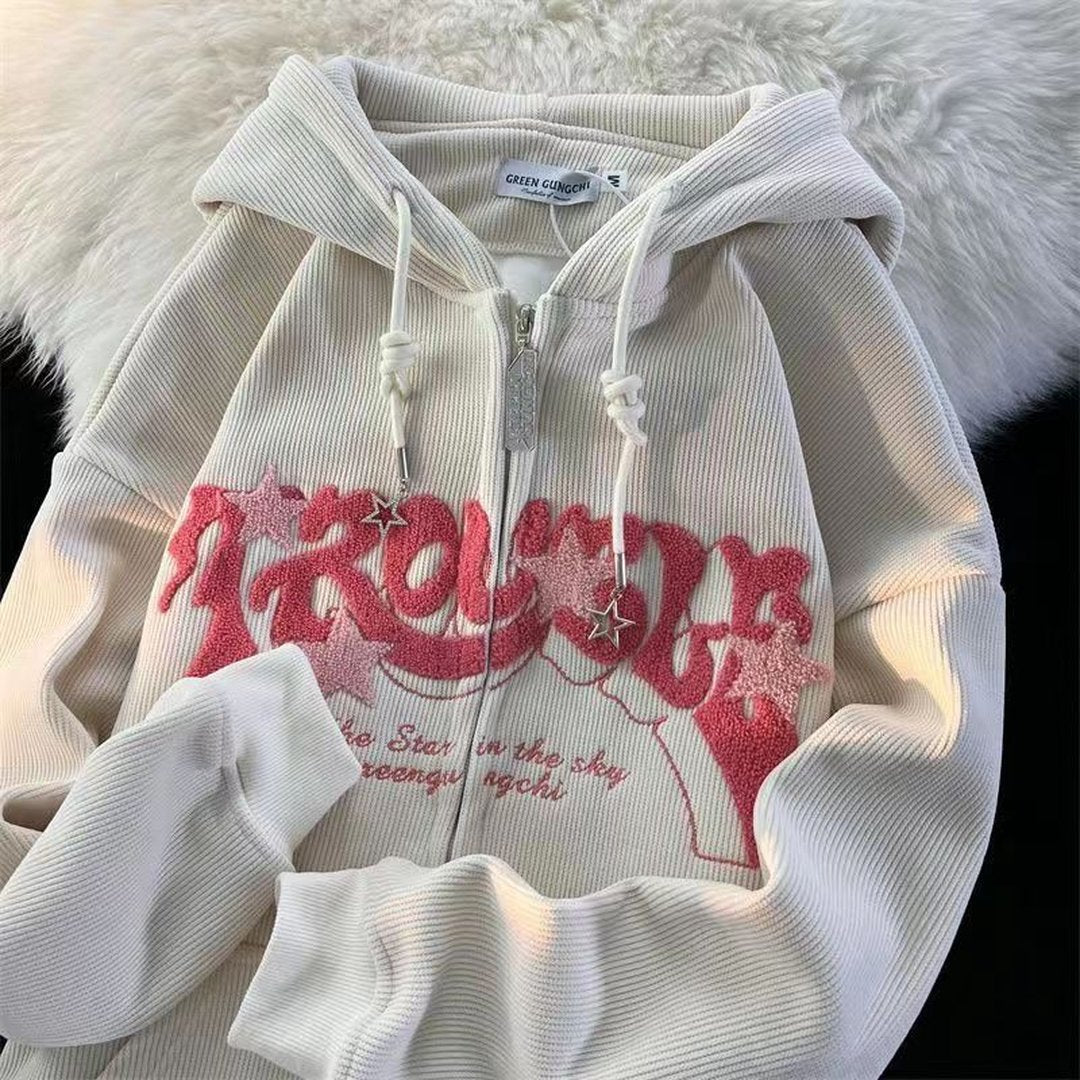 Woman wearing the Hadley women's embroidered hoodie, side view