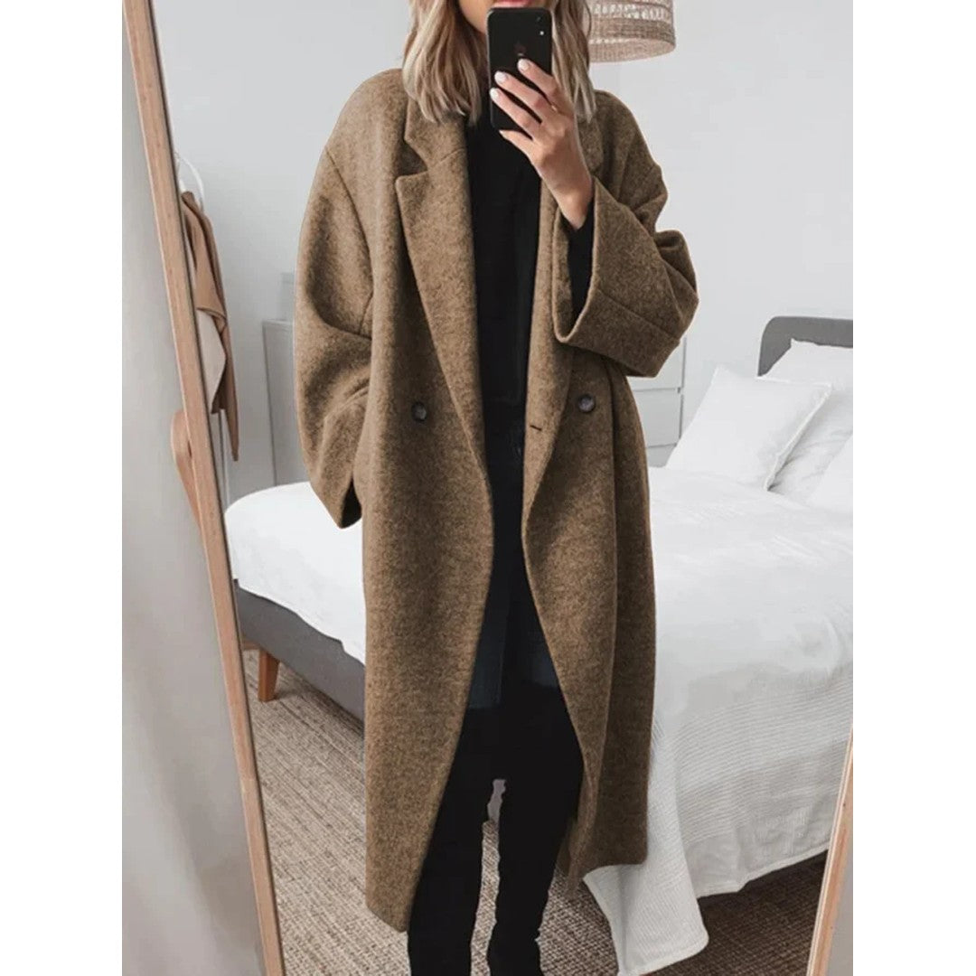 Woman wearing the Hailey women's tailored classic coat, detail view