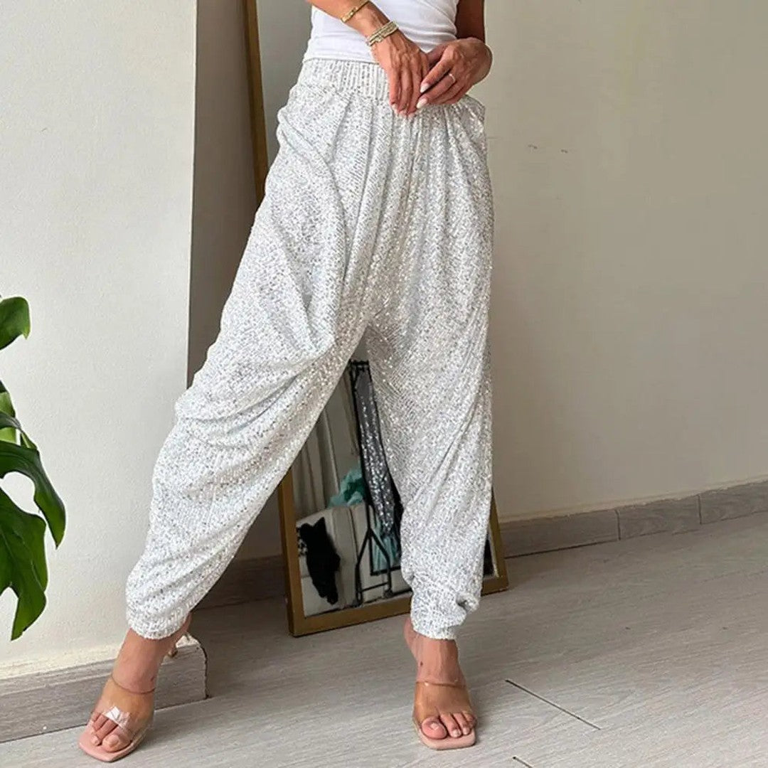 Woman wearing the Halcyon women's joggers, detail view