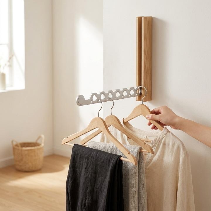 Wall-mounted wooden folding clothes rack - product photo 2