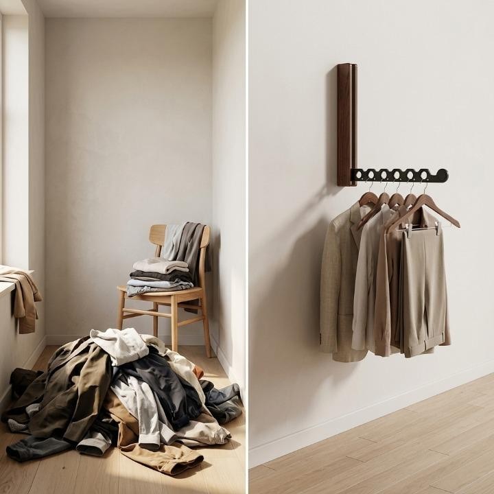 Wall-mounted wooden folding clothes rack - product photo 4