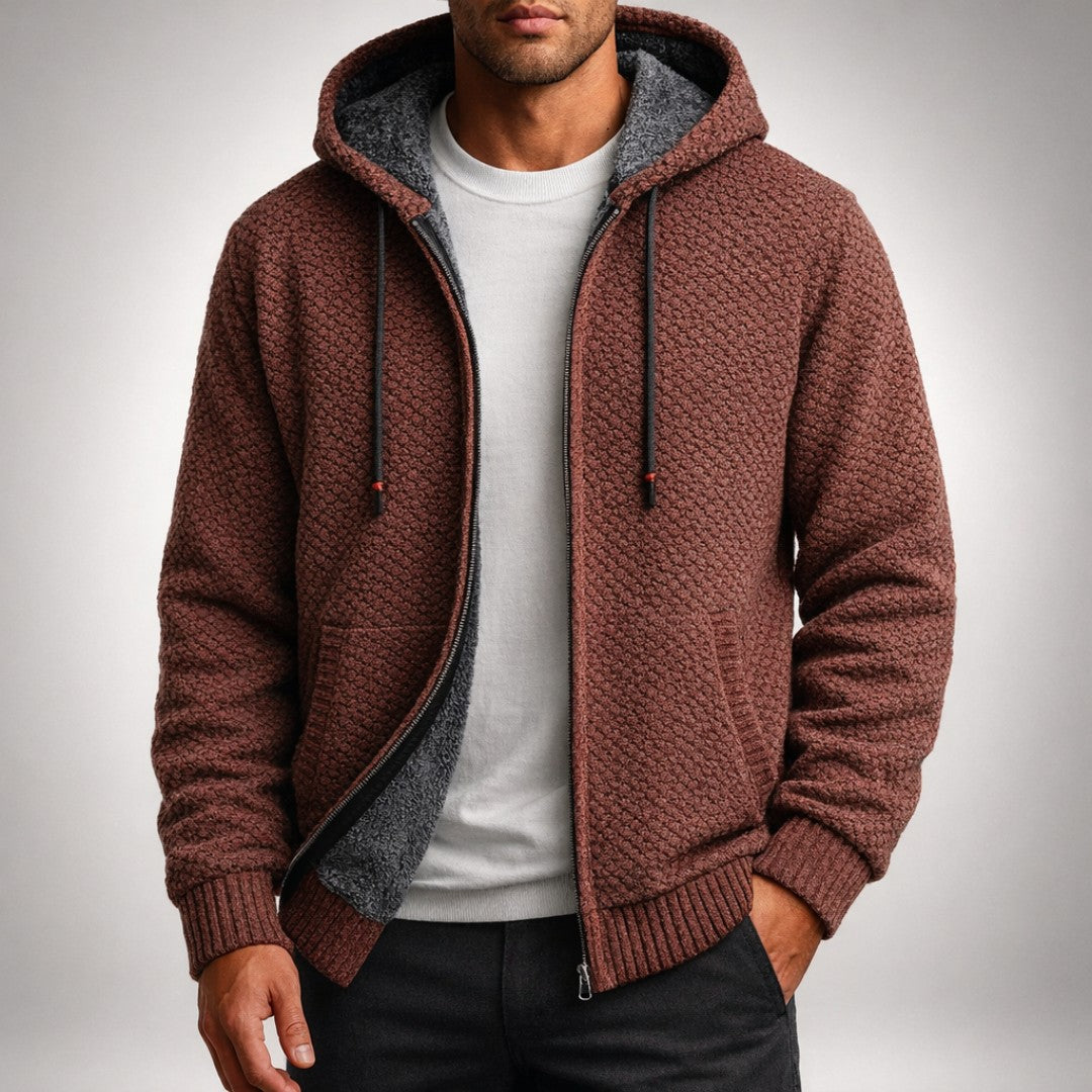 Man wearing the Harlan men's zip-up hoodie, back view