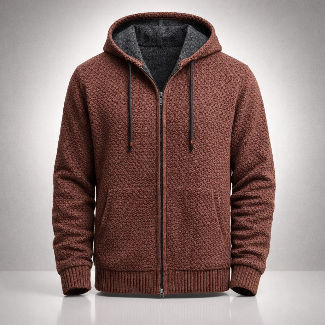 Man wearing the Harlan men's zip-up hoodie, flatlay view