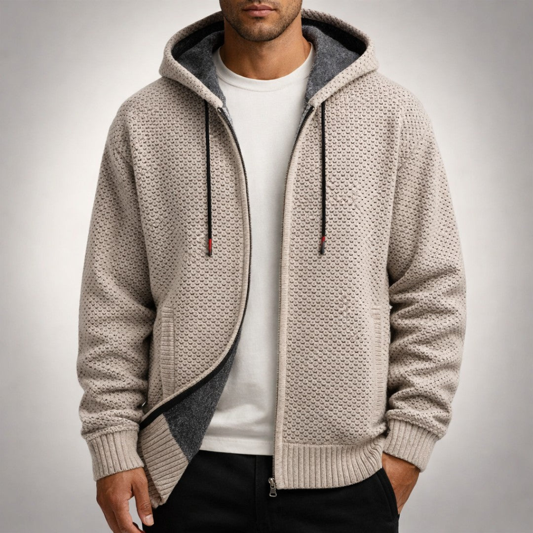 Man wearing the Harlan men's zip-up hoodie, front view