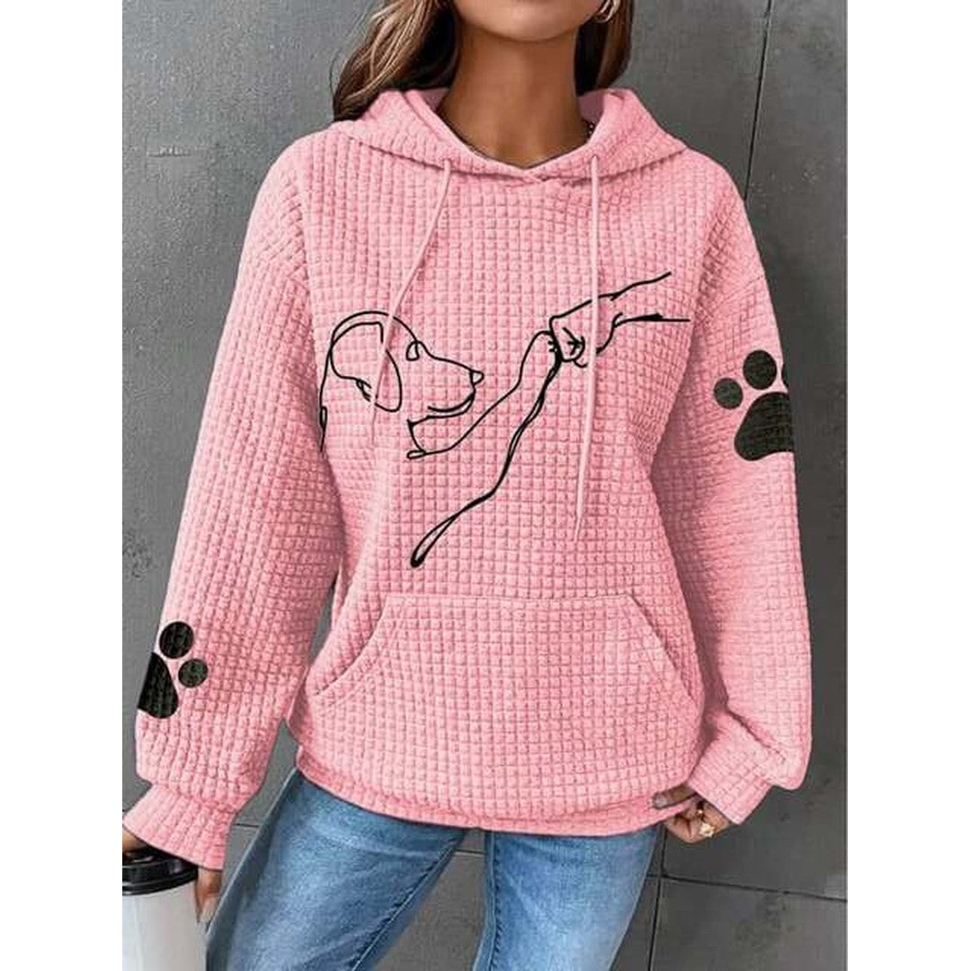 Woman wearing the Harlow women's hooded hoodie, side view