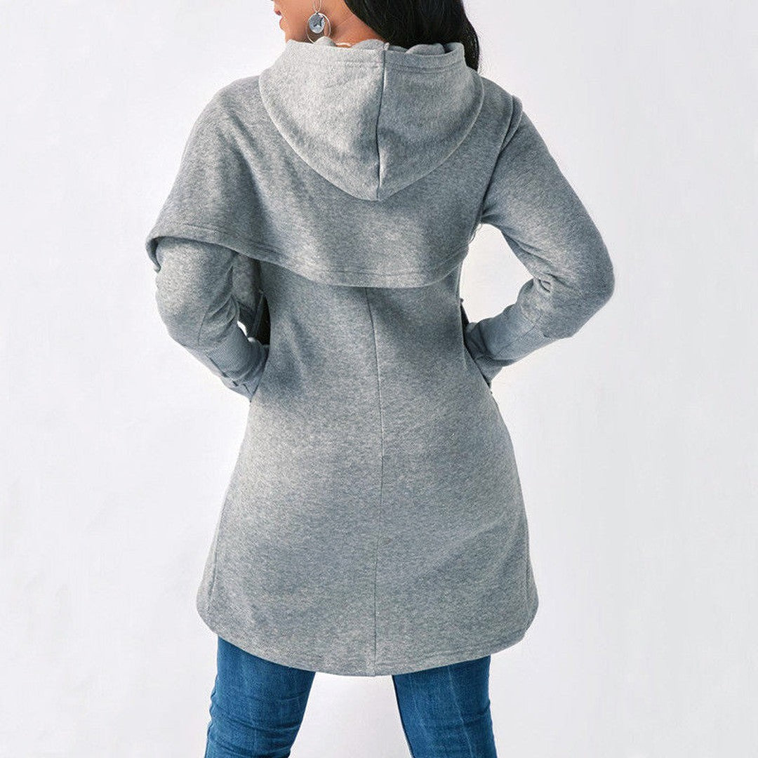 Woman wearing the Hattie women's hooded hoodie, front view
