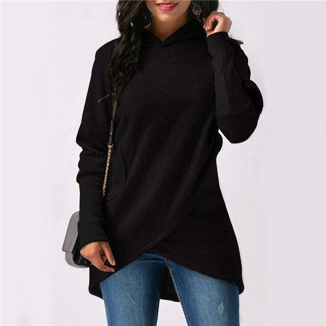 Woman wearing the Hattie women's hooded hoodie, side view