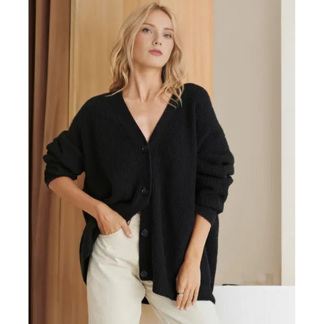 Woman wearing the Helena women's knit sweater, back view