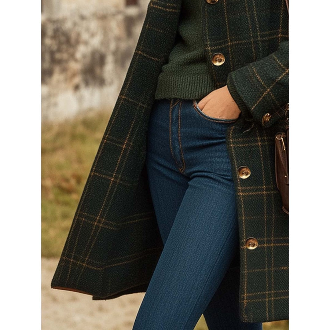 Woman wearing the Helene women's slim-fit wool long-sleeve coat, side view