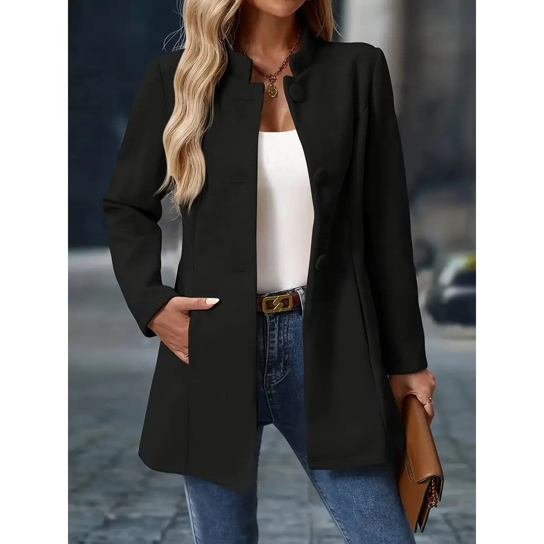 Woman wearing the Hero women's elegant jacket, back view