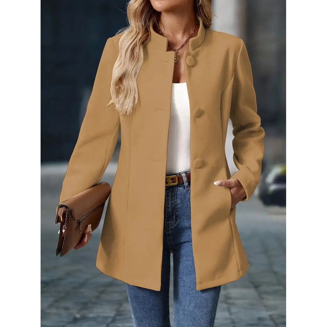 Woman wearing the Hero women's elegant jacket, side view