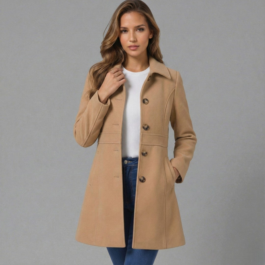 Woman wearing the Ida women's elegant coat, 11 view