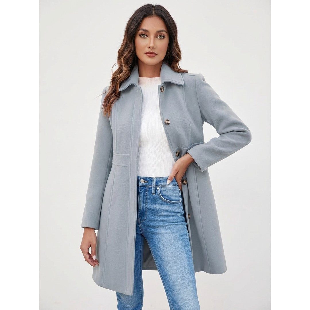Woman wearing the Ida women's elegant coat, flatlay view