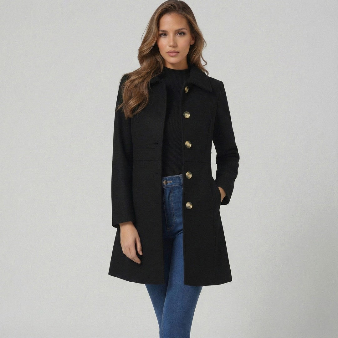 Woman wearing the Ida women's elegant coat, front view