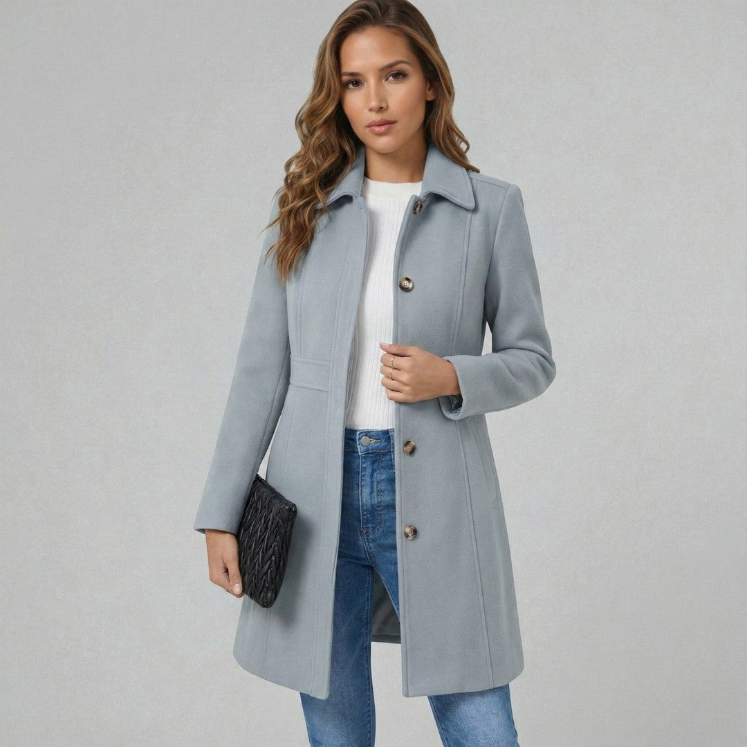 Woman wearing the Ida women's elegant coat, model view