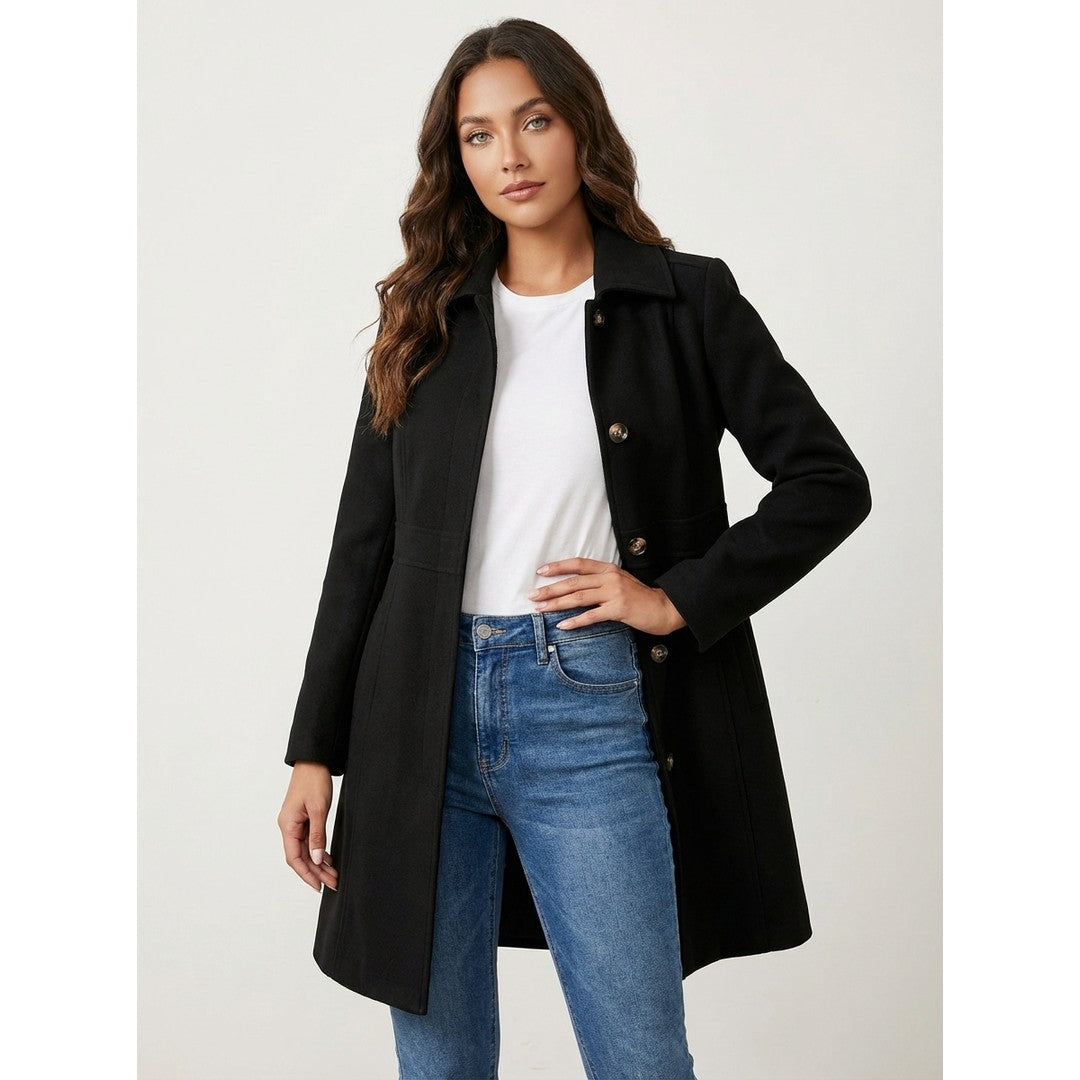 Woman wearing the Ida women's elegant coat, side view