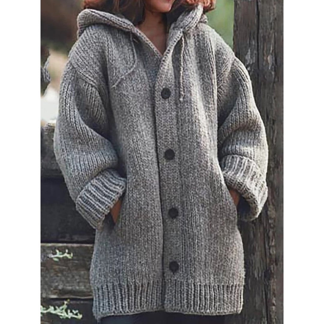 Woman wearing the Idony women's hooded knit long-sleeve cardigan, back view