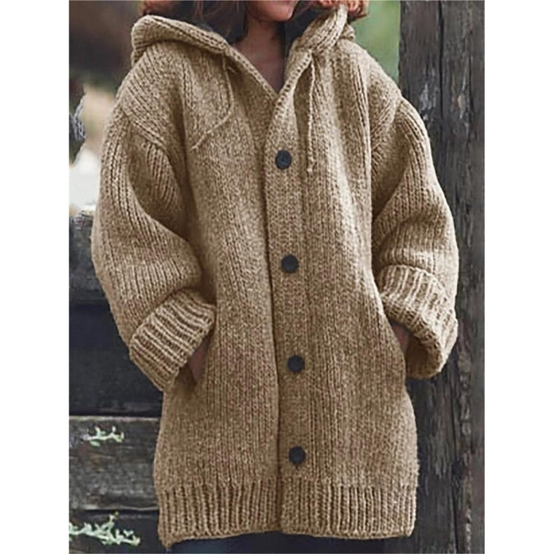 Woman wearing the Idony women's hooded knit long-sleeve cardigan, detail view