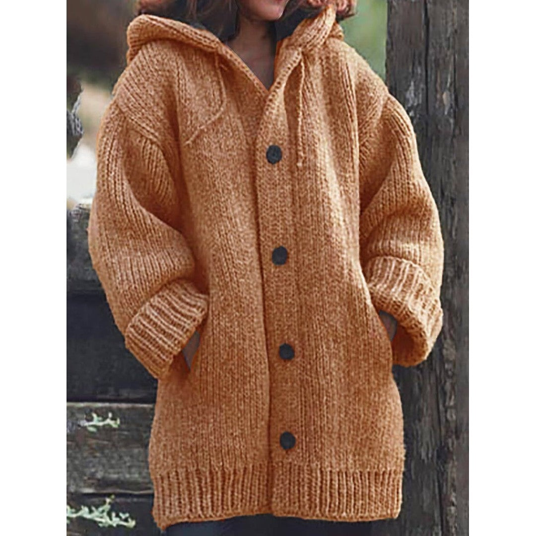 Woman wearing the Idony women's hooded knit long-sleeve cardigan, flatlay view