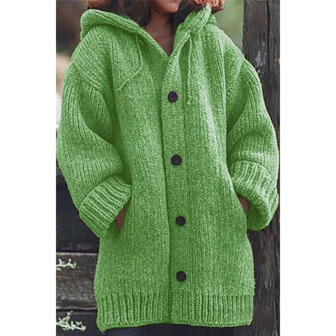 Woman wearing the Idony women's hooded knit long-sleeve cardigan, model view