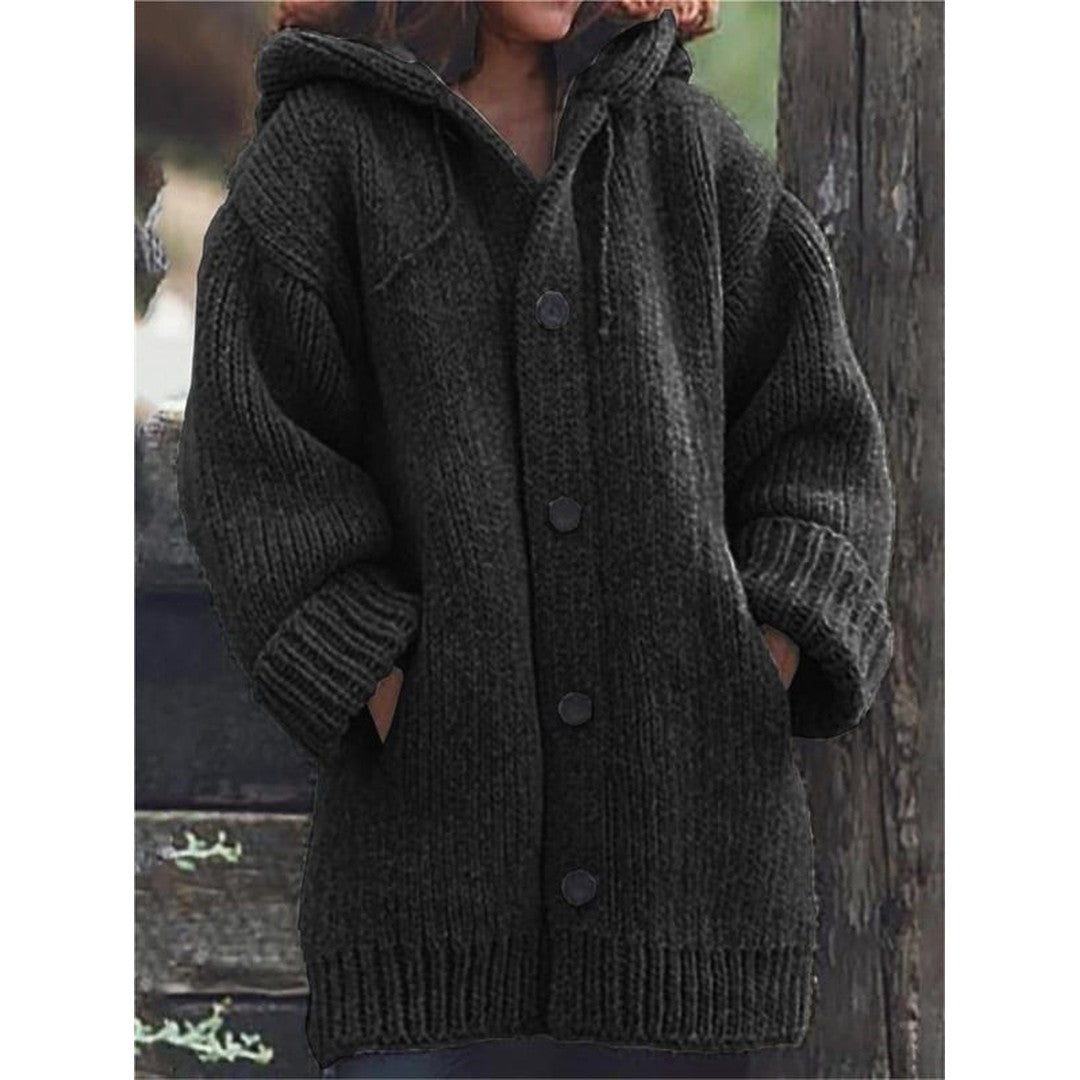 Woman wearing the Idony women's hooded knit long-sleeve cardigan, side view
