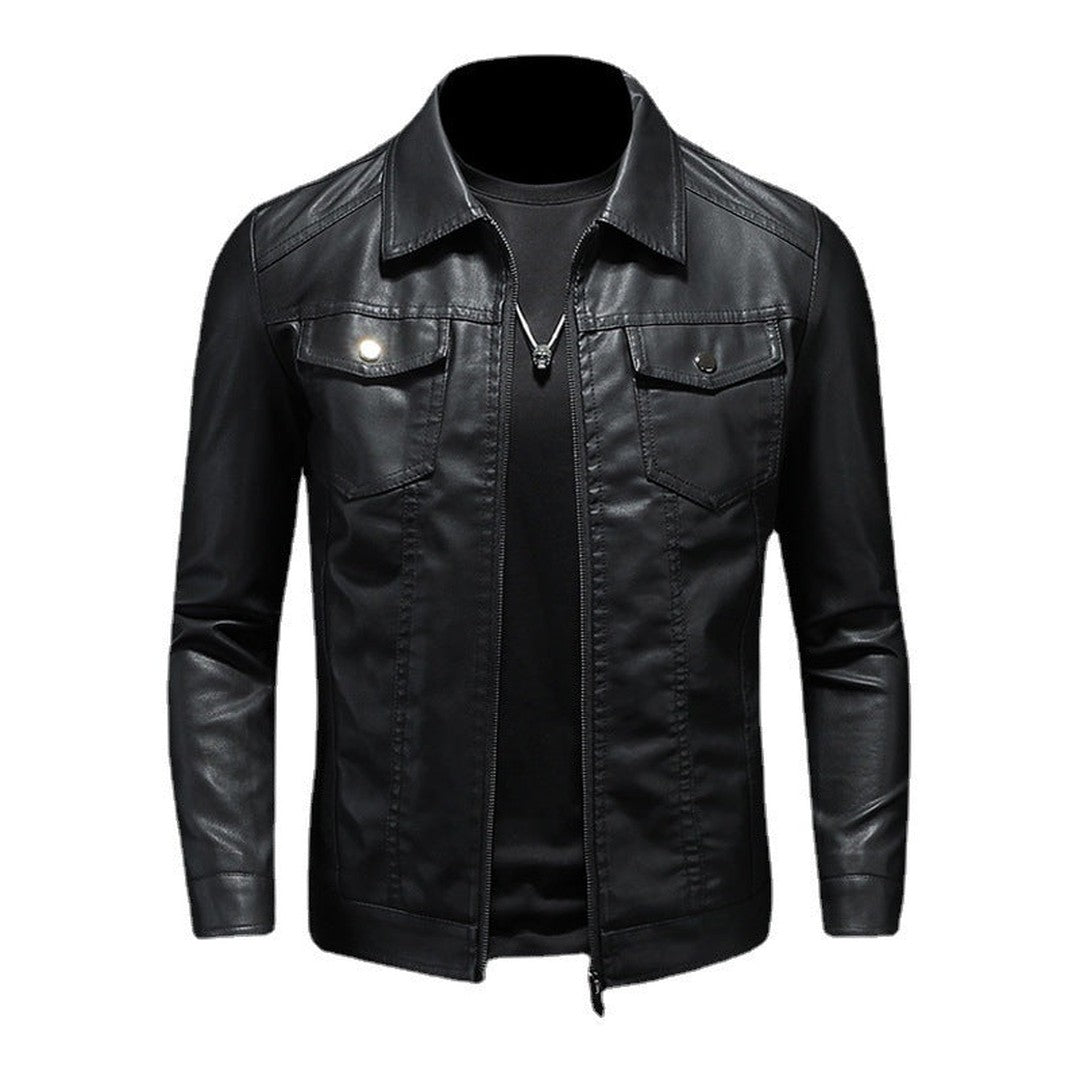 Man wearing the Ignatius men's leather vintage jacket, side view