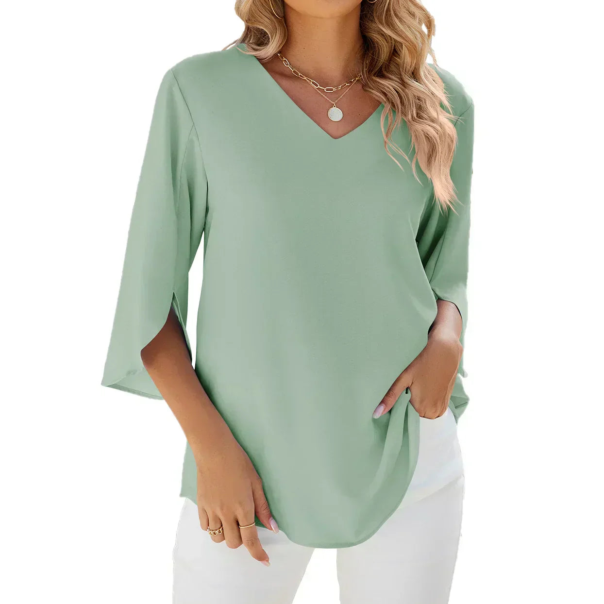 Alina | Women's V-Neck Split Sleeve Flowing Blouse