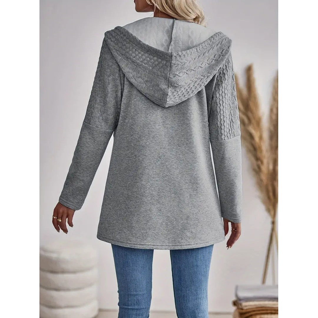 Woman wearing the Ines women's hooded zip-up sweatshirt, detail view