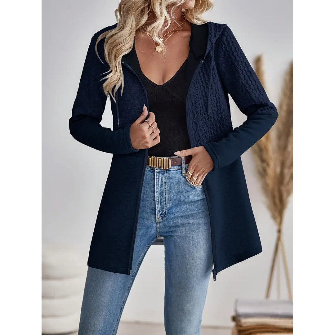 Woman wearing the Ines women's hooded zip-up sweatshirt, side view