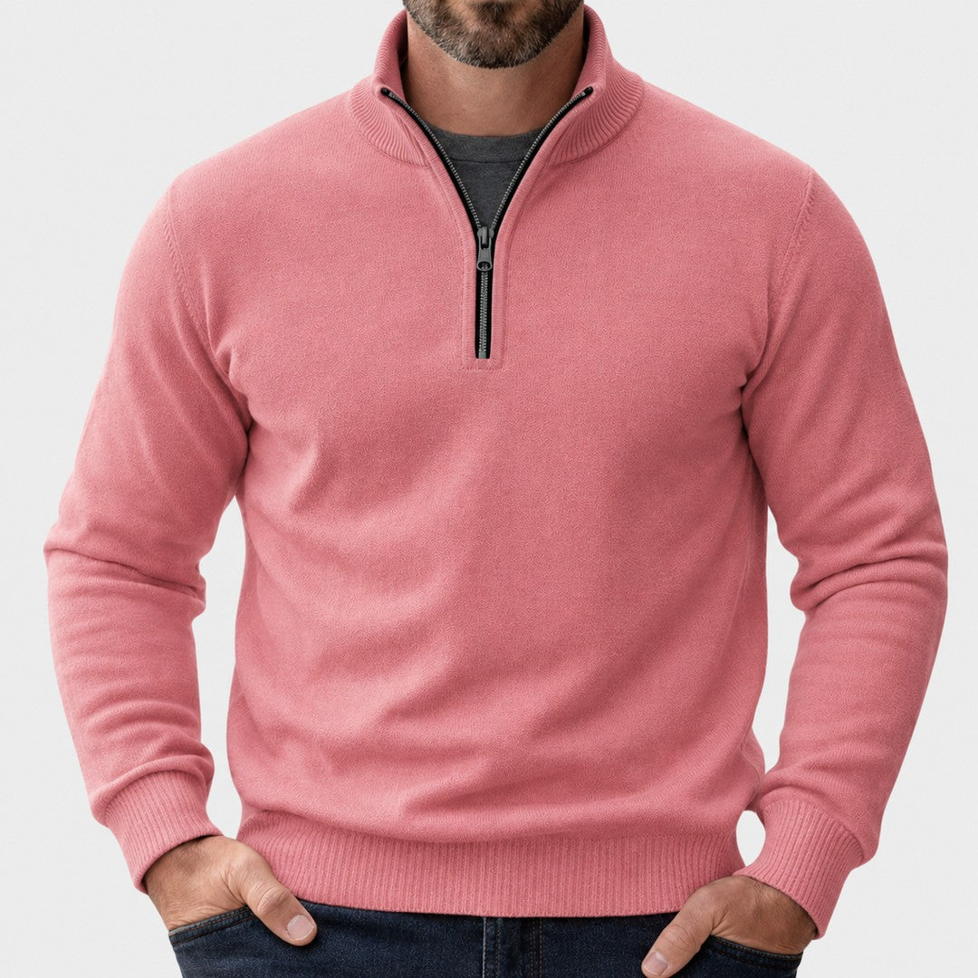 Man wearing the Isaac men's zip-up sweater, 8 view