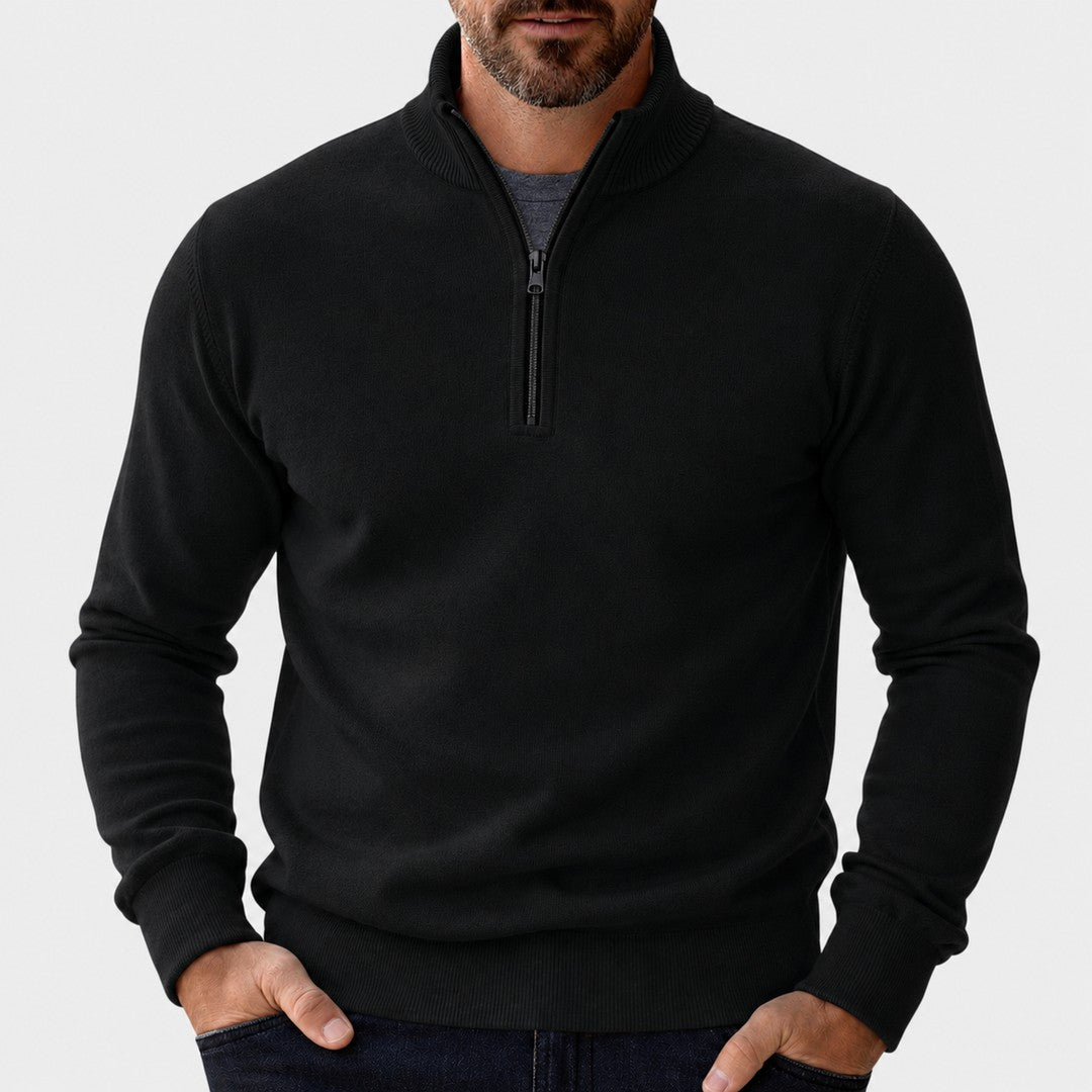 Man wearing the Isaac men's zip-up sweater, back view
