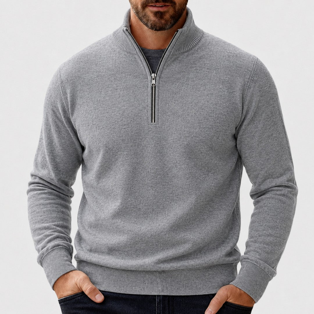 Man wearing the Isaac men's zip-up sweater, detail view