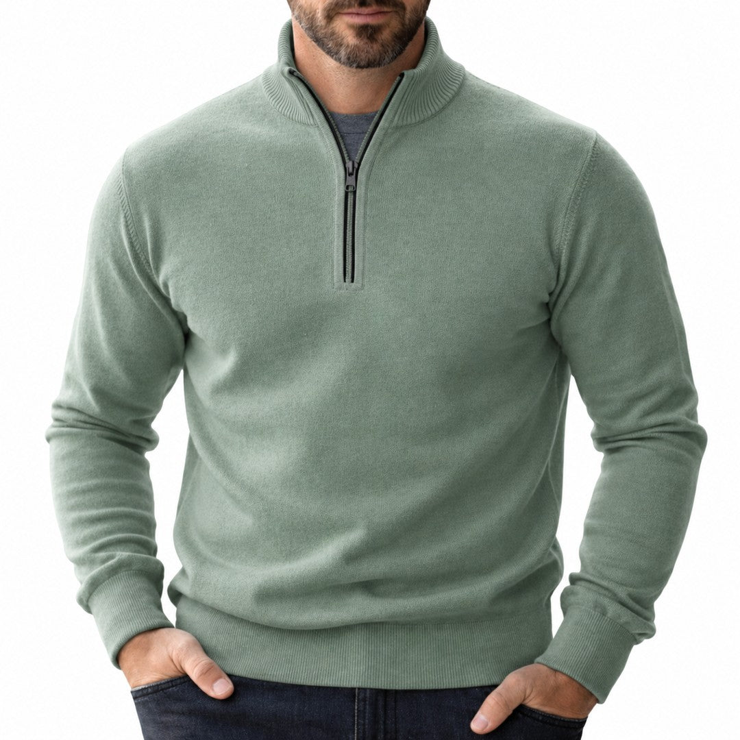 Man wearing the Isaac men's zip-up sweater, flatlay view