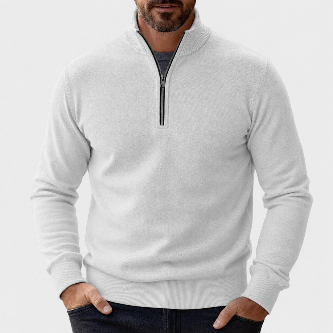 Man wearing the Isaac men's zip-up sweater, front view