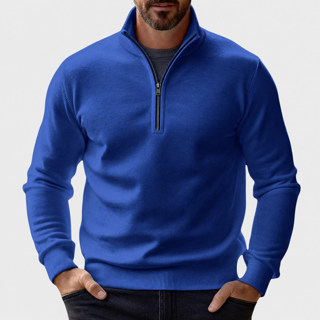 Man wearing the Isaac men's zip-up sweater, model view