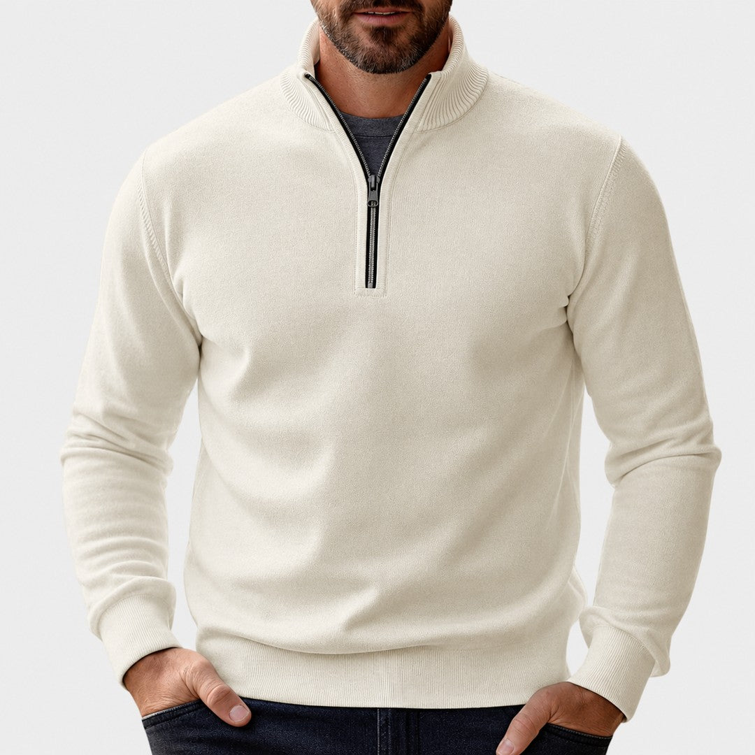Man wearing the Isaac men's zip-up sweater, side view