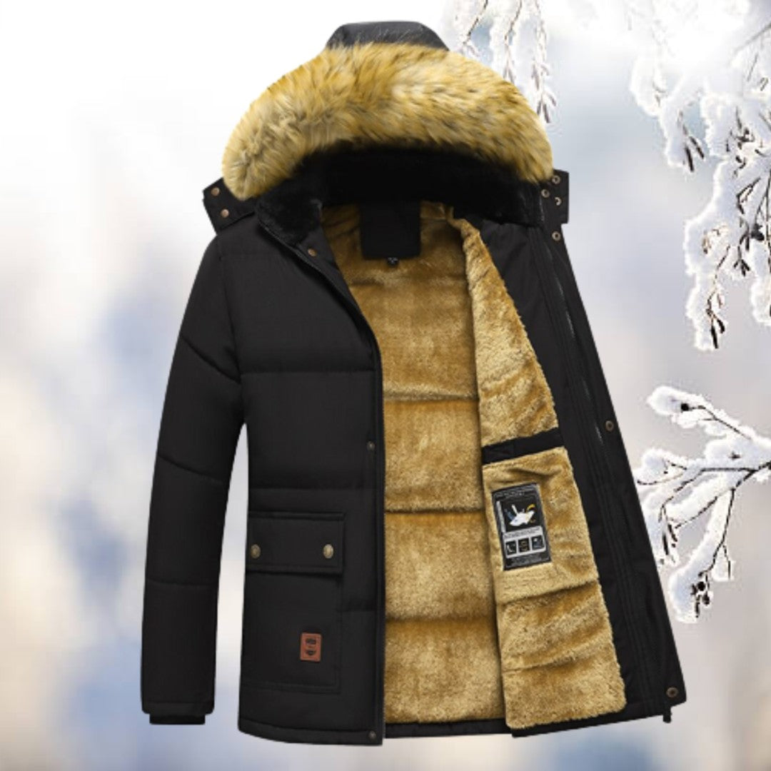 Man wearing the Isaiah men's hooded parka, detail view