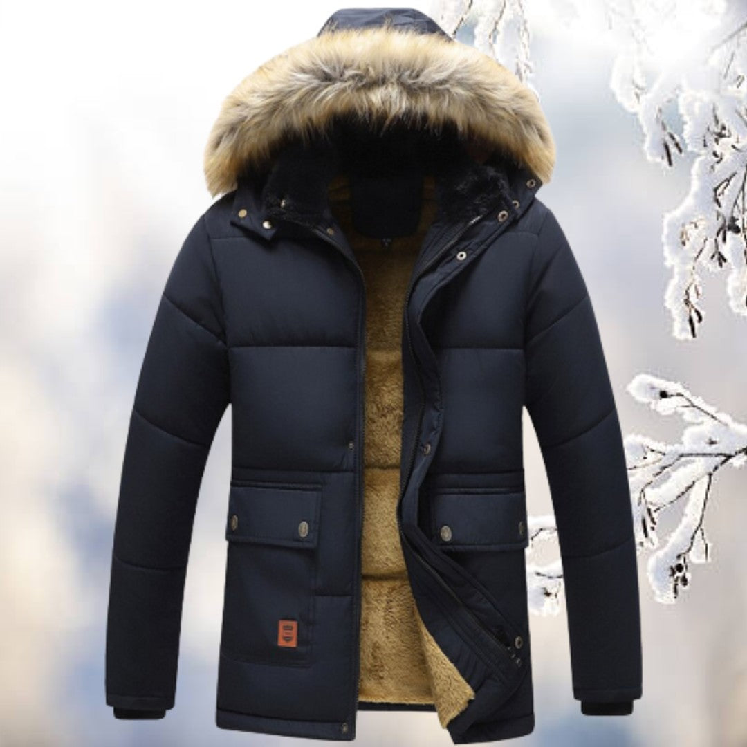 Man wearing the Isaiah men's hooded parka, front view
