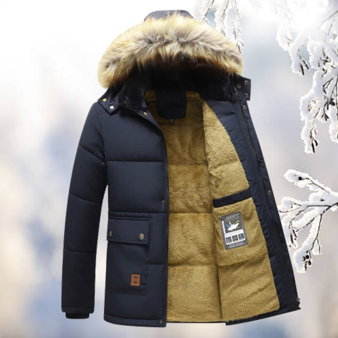 Man wearing the Isaiah men's hooded parka, model view