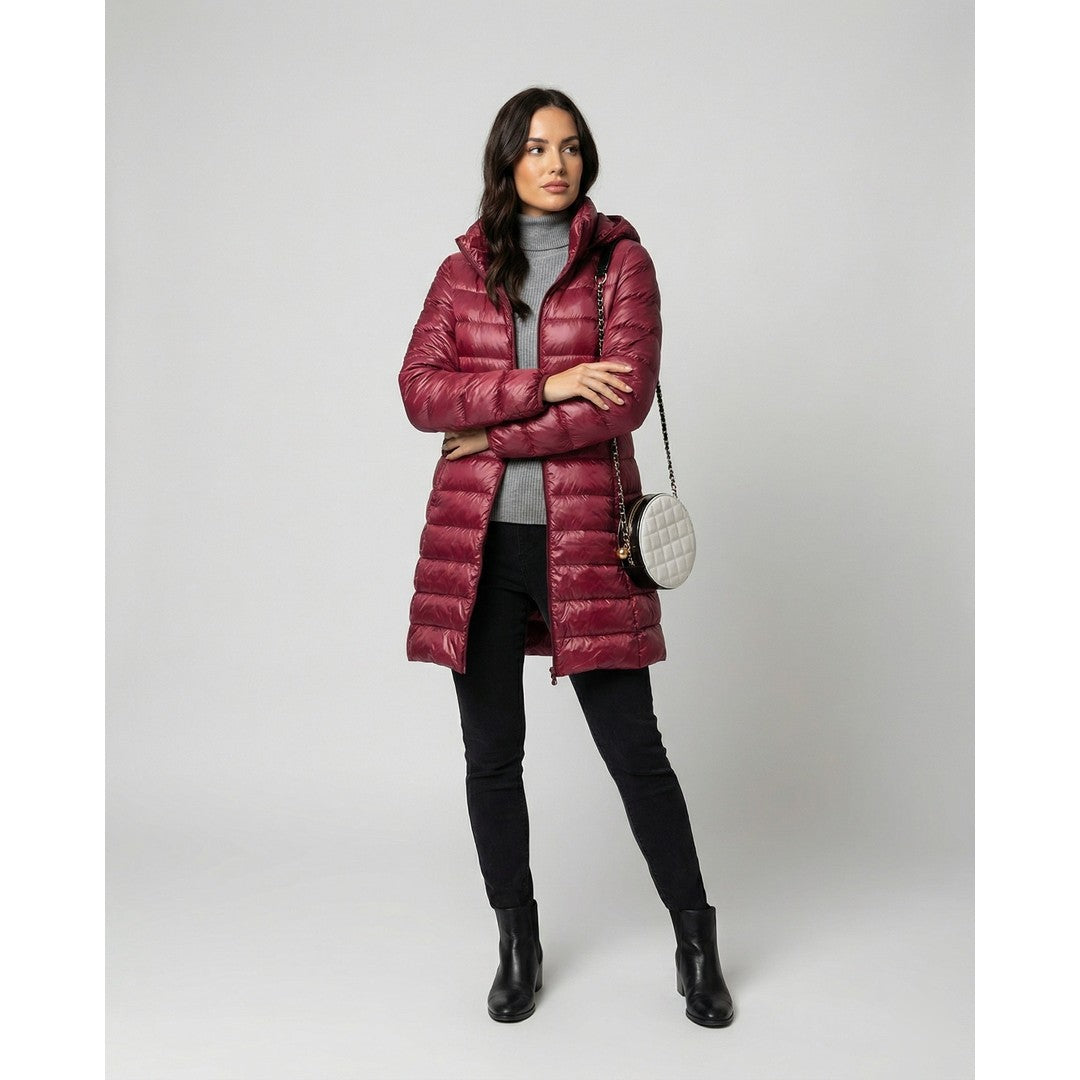 Woman wearing the Isla women's hooded jacket, front view