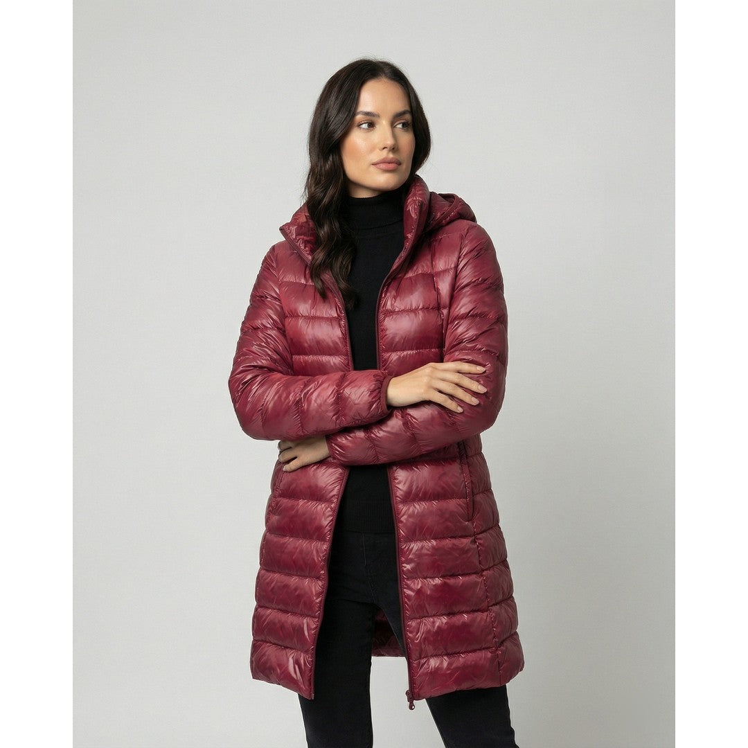 Woman wearing the Isla women's hooded jacket, side view